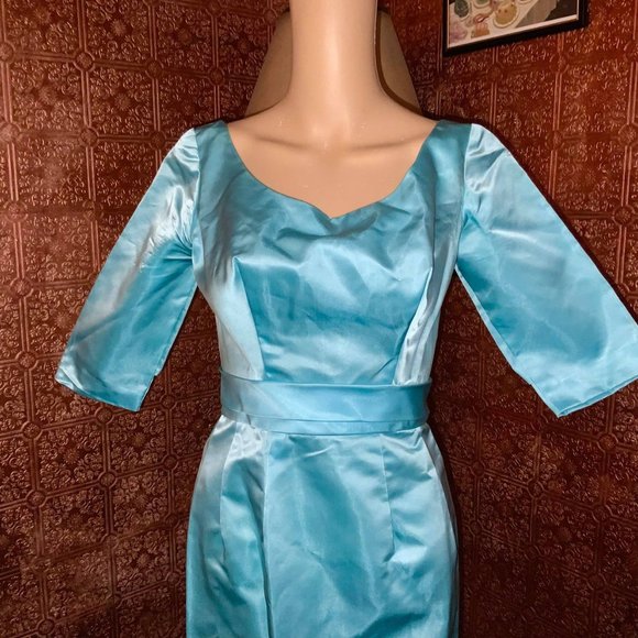 2 PIECES Vintage 1950s 2PC Turquoise Satin Wiggle Dress w/ Matching Swing Coat